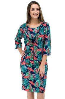 Vestido Manga Curta com Casaco Estampa Floral Azul e Laranja