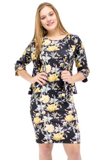 Vestido Manga Curta com Casaco Estampa Floral Preto e  Amarelo