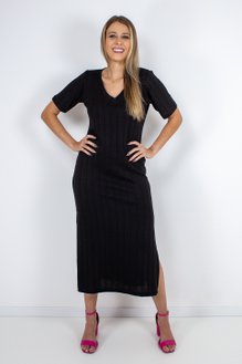 Vestido Mídi Feminino Manga Curta Liso Preto