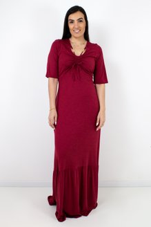 Vestido Rosa Longo Manga Curta Liso Bordô